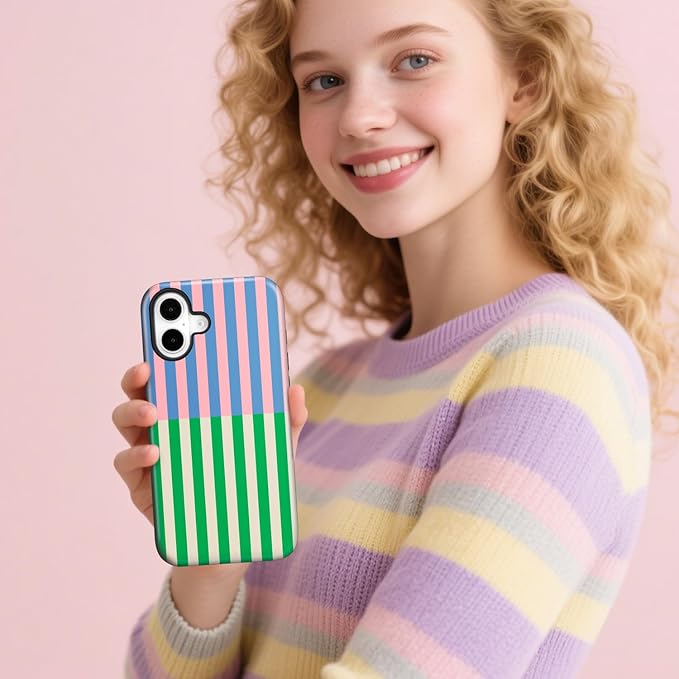Magnetic for iPhone 16 Plus Case Cute Stripes Phone Case, Shockproof Slim TPU and Hard PC Protective Phone Cover Compatible with MagSafe Designed for Women Girls, Gray