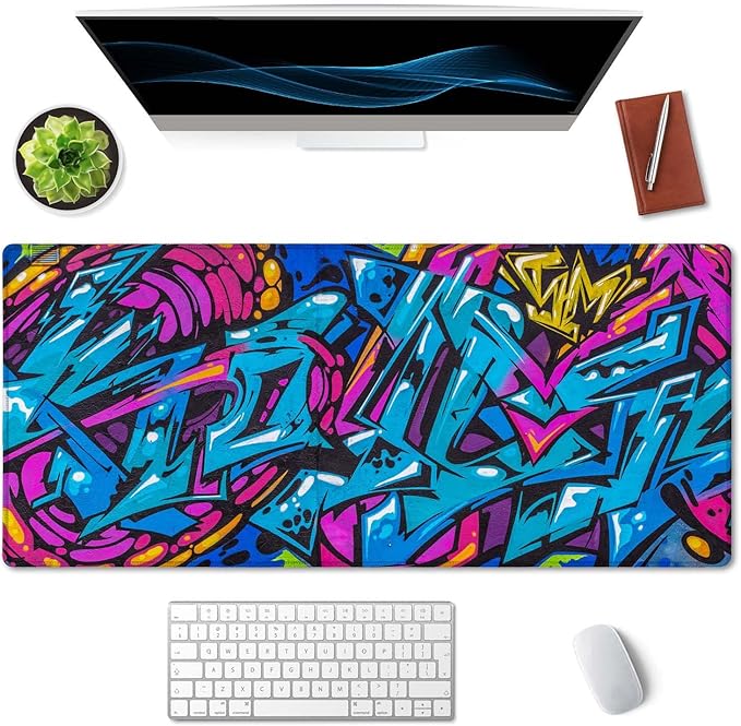SSOIU Extended Gaming Mouse Pad - Non-Slip Water-Resistant Rubber Base Computer Keyboard Mouse Mat, 35.5 x 15.7-inch XX-Large Desk Mat, Ideal Partner for Work & Game, Beautiful Street Art Graffiti