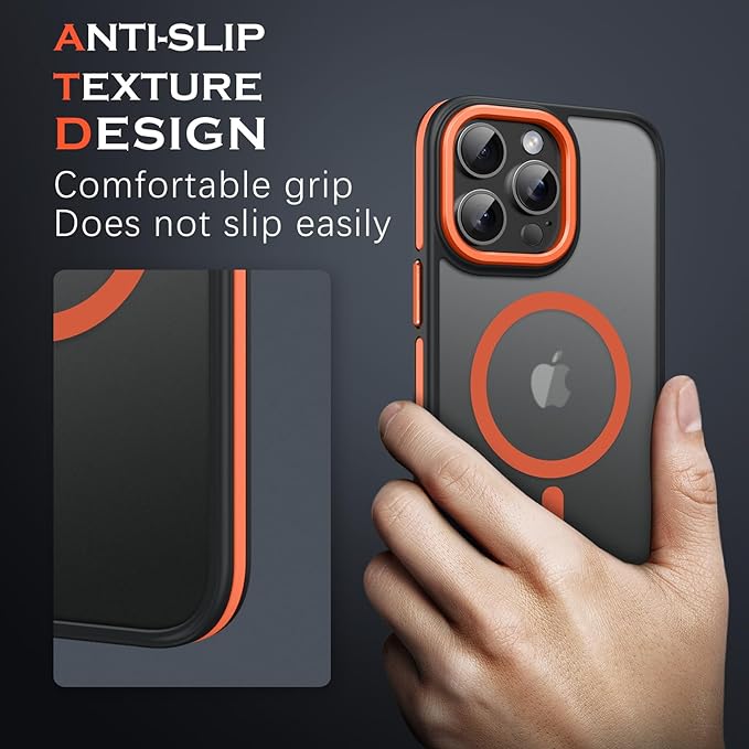 YINLAI Case for iPhone 16 Pro 6.3-Inch, iPhone 16 Pro Phone Case Magnetic [Compatible with Magsafe] Slim Translucent Matte Men Women Girls Shockproof Protective Back Cover, Black/Orange