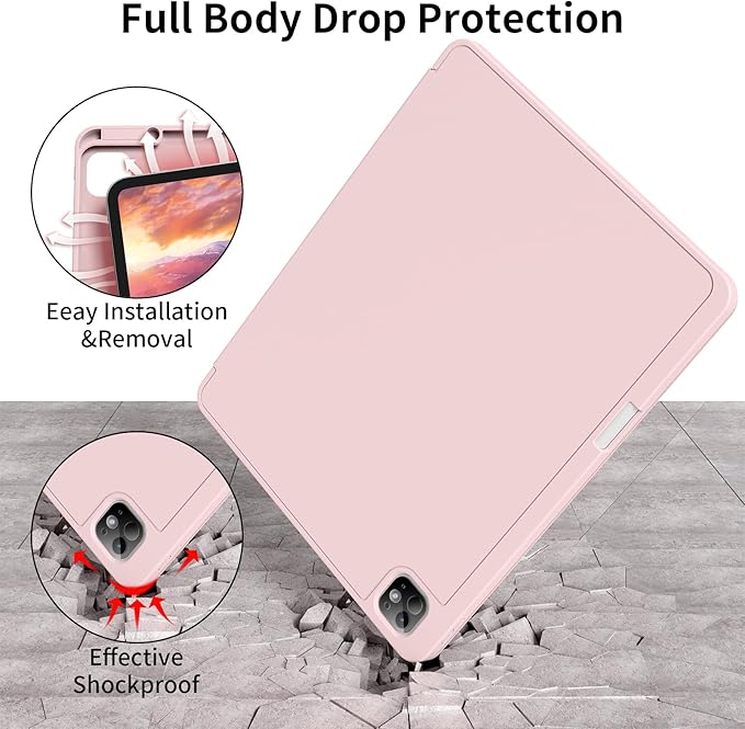 for iPad Pro 13 inch Case (M5/M4) 2025/2024, Slim Protective Cover with Pencil Holder, Soft TPU Back Cover, Trifold Stand, Auto Wake/Sleep, A2925 A2926 A3007 A3362 A3359 (Pink)