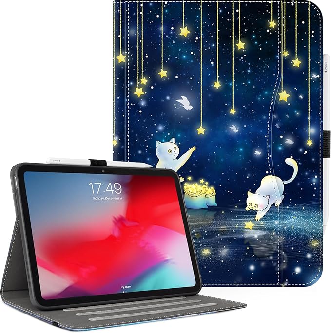 Vimorco Case for iPad (A16) 11th Generation 2025, for iPad 11th/10th Generation Case, Pencil Holder/Hand Strap/Pocket, Multiple Stand Protector PU Leather Shell Cover,Auto Wake/Sleep, Cat Picks Stars