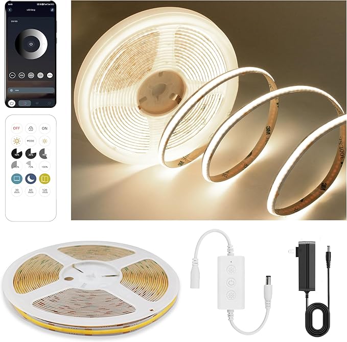 Pandery COB LED Strip Lights Natural White,24V Dimmable led Light Strip KIT with Remote and app Control,4000K 9.84FT/3m 8mmwide Ra>90 Cuttable Flexible Strip Lights for Bedroom,Wardrobe,Cabinet