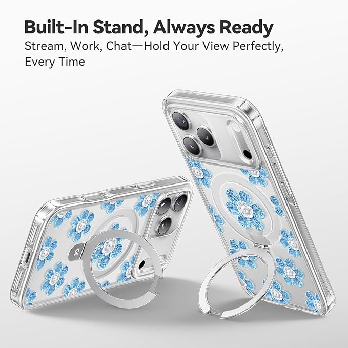 CASEKOO Floral Series Blue Flowers for iPhone 17 Pro Case with Magnetic Ring Stand [Compatible with MagSafe] [Military-Grade Protection] Fashion Clear Back, Soft Edge, for Women