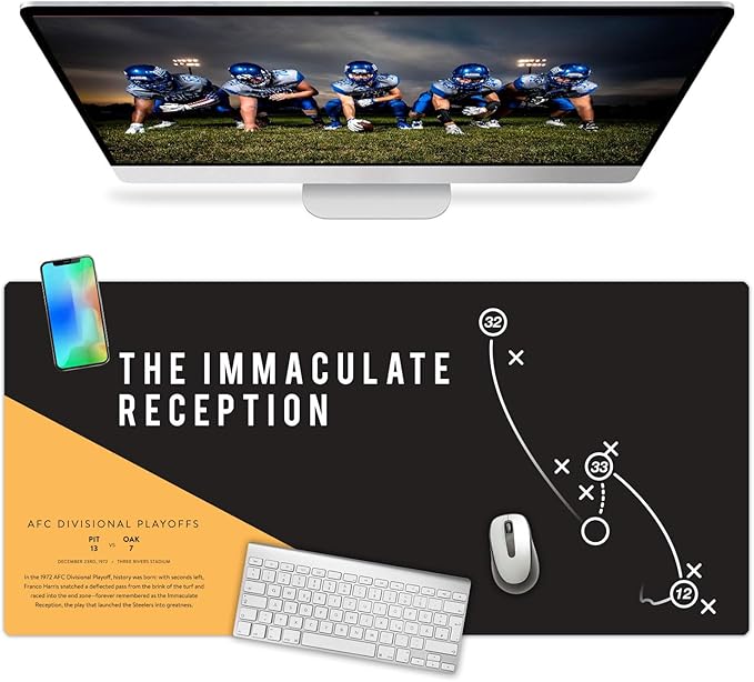 French KOKO Large Pittsburgh Football Desk Mat for Desktop – XL Black and Gold Desk Pad Mat Featuring The Immaculate Reception Play, Man Cave Office Decor, Football Fan Gift - Immaculate Reception