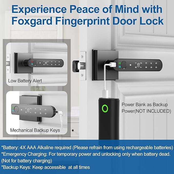 Foxgard Smart Fingerprint Door Lock:Fingerprint Door Knob-Biometric 5-in-1 Finger Print Door Lock-Thumb Print Door Knob for Bedroom-APP Control-Easy Installation–Square Black–1 Pack
