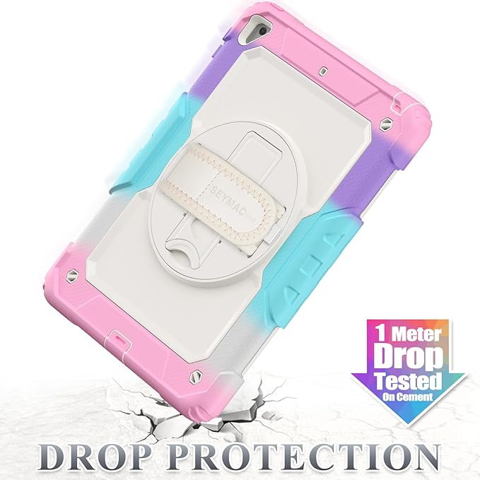 SEYMAC stock Case for iPad 6th / 5th Generation Case/Air 2 / Pro 9.7 inch, Heavy Duty Protective with Screen Protector, with Pencil Holder, Hand Strap, Shoulder Strap, 360 Rotate Stand,Yellowish+Pink