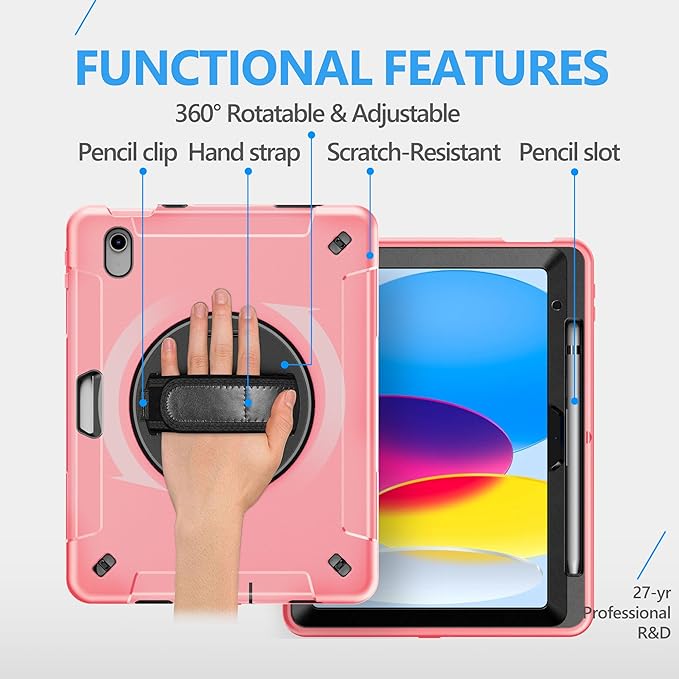 Case for iPad (A16) 11th/10th Generation Case: Protective Cover for iPad 11th Gen 11 Inch 2025 &10th Gen 10.9" 2022 with Screen Protector- Stand- Shoulder Strap- Handle- Pencil Holder-Light Pink