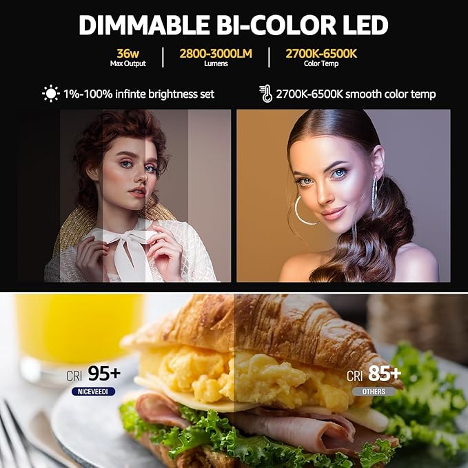 NiceVeedi 36W Photography Lighting, Bi-Color Studio Light, CRI 95+, Dimmable AC Adapter Powered LED Video Light Kit with Remote Control & 72” Tripod, Light for Video Recording/YouTube/TikTok/Ins