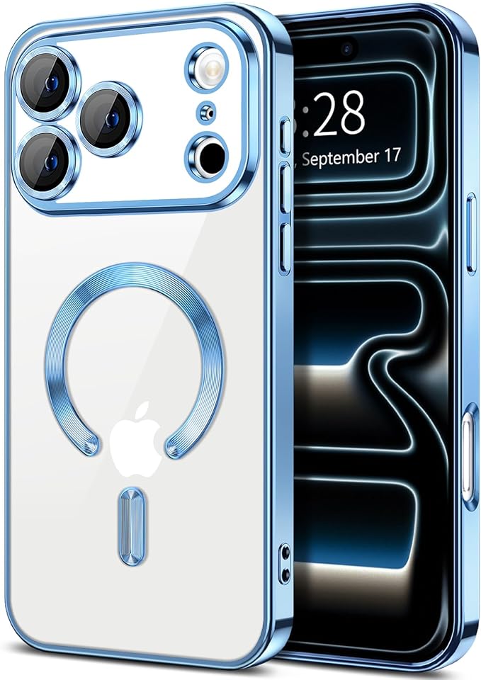 Hython Magnetic Clear for iPhone 17 Pro Max Case with Camera Lens Protector [Compatible with MagSafe] Plating Edge Slim Soft TPU Cover Protective Phone Case for iPhone 17 Pro Max 6.9", Light Blue