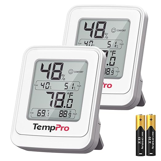 TempPro TP150 Greenhouse Thermometer Hygrometer, IPX5 High-Humidity Resistant Temperature and Humidity Monitor, High/Low Records Humidity Meter for Indoor Grow Tents, Basement, Reptile Terrarium, 2 PC