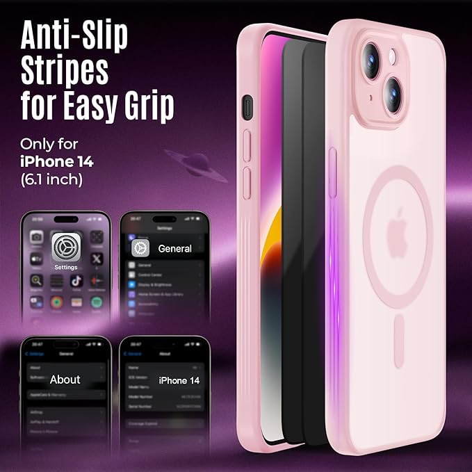 Symcele Designed for iPhone 14 Case, Compatible with MagSafe, with Privacy Screen Protectors X2, [Camera Protection] [15FT Military Drop Protection] Shockproof Phone Case, 6.1", Pink