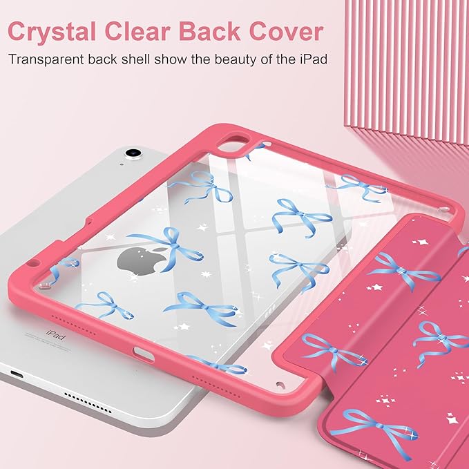Case for iPad Air 11 inch M4 2026 M3 2025 M2 2024,iPad Air 5th (2022) / 4th (2020) 10.9 Inch Clear Back Shell Lightweight Shockproof TPU Trifold Stand Auto Wake Sleep Cute Cover, Ribbons