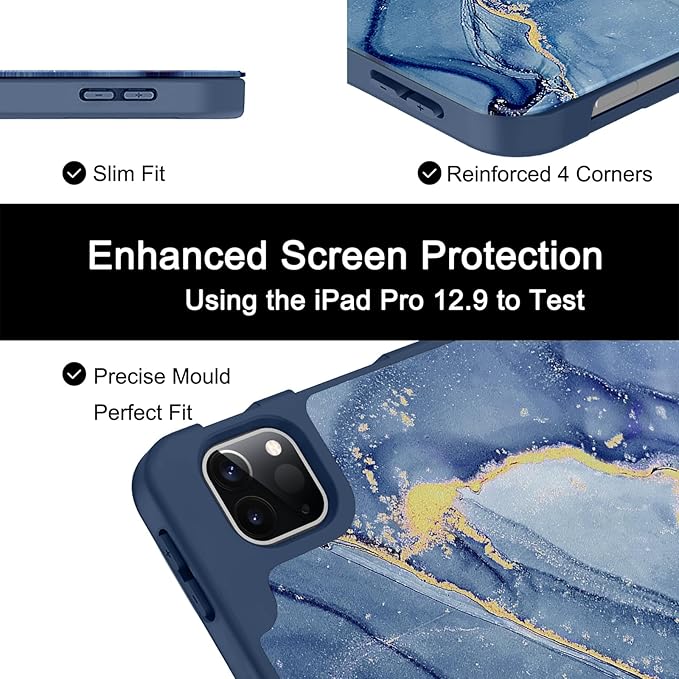 Soke Case for iPad Air 13 Inch (M4/M3/M2,2026-2024), iPad Pro 12.9" 6th/5th Generation with Pencil Holder(2021 2022 Release)-[Apple Pencil Charging + Auto Wake/Sleep] Soft Back Cover, Navy Marble