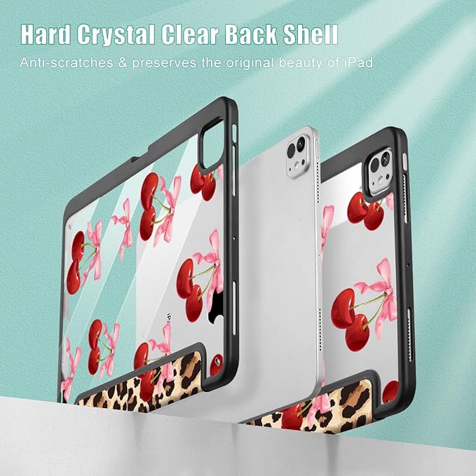 May Chen for iPad Pro 13 Inch Case M5 2025 / M4 2024, Built Pencil Holder & Clear Transparent Print Back Shell Slim Stand Shockproof Tablet Cover, Auto Wake/Sleep, Cherry & Cheetah