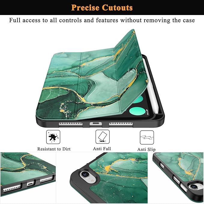 Soke Case for iPad mini 7(A17 Pro) 2024/iPad Mini 6 2021 8.3 inch with Pencil Holder-[Pencil Charging + Auto Wake/Sleep], Soft TPU Back Cover for iPad mini 7th/6th Generation(Green Marble)