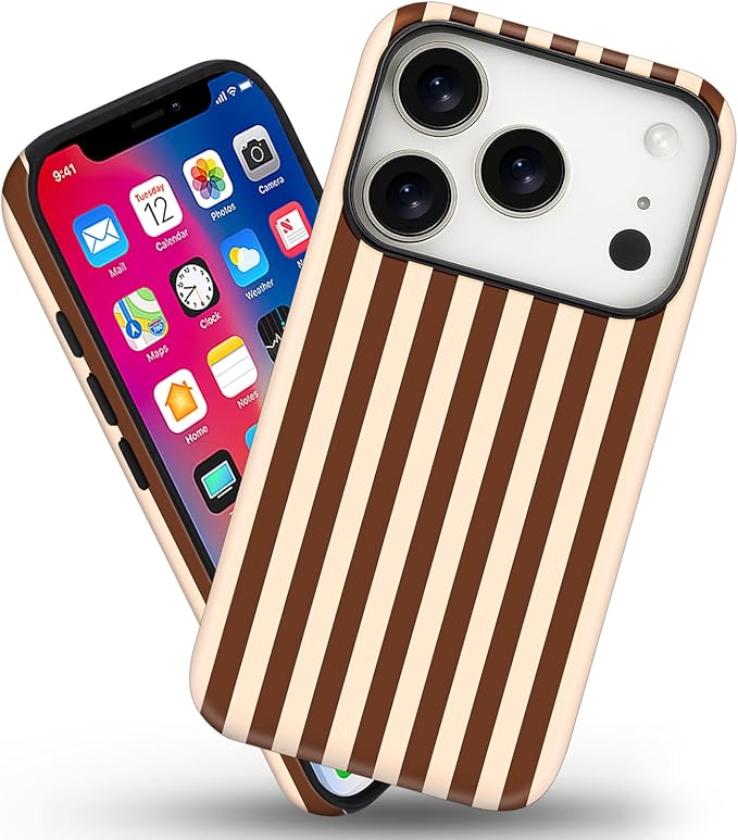 Magnetic for iPhone 17 Pro Case Cute Stripes Phone Case, Shockproof Slim TPU and Hard PC Protective Phone Cover Compatible with MagSafe Designed for Women Girls, Brown