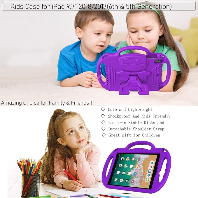 LTROP Kids Case for iPad 5th/6th Generation (2017/2018) & Air 2, Shoulder Strap Handle Stand Shockproof Bumper Cute Kid Case for iPad 9.7 Inch, Purple
