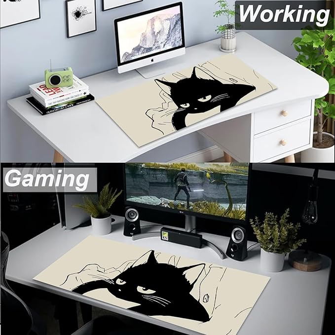 Gaming Mouse Pad XL Extended Anime Mouse Pad 31.5x11.8 inch, Large Cute Kawaii Big Computer Mouse Mat Desk Pad with Non-Slip Rubber Base and Stitched Edge for Home Office-Black Cat