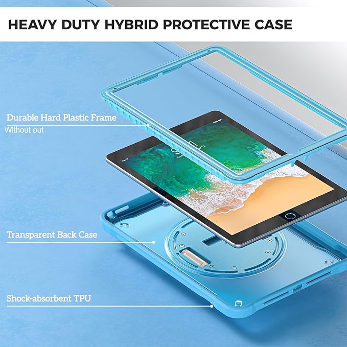 ProCase Rugged Case for iPad 9.7 Inch 5th 6th Gen/iPad Air 2 / iPad Pro 9.7 Case, Heavy Duty Shockproof Rugged Cover with Hand Strap 360 Degree Rotatable Kickstand Protective for iPad 9.7" -Blue