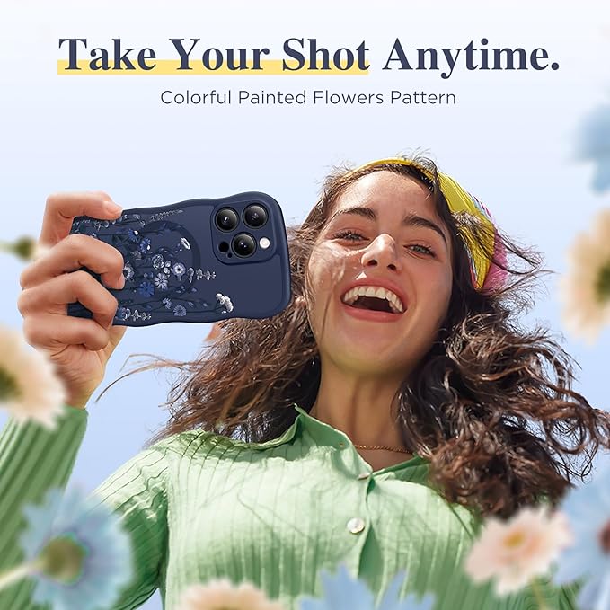 GVIEWIN for iPhone 16 Pro Max Case Compatible with MagSafe [Curly Wave Edge][Full Camera Protection] Floral Translucent Shockproof Magnetic Women Phone Case for 16 Pro Max, Floratopia/Blue
