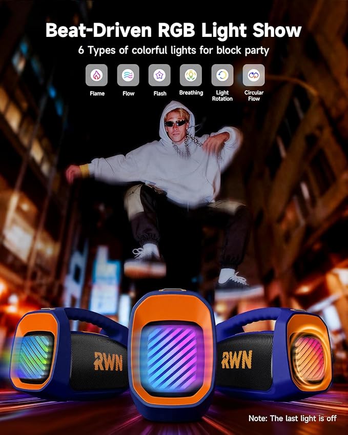RWN Outdoor Bluetooth Speaker: 160W Loud Sound, IP67 Waterproof with 24H Playtime, Fast Charge, Bass, TWS, Portable Wireless Speakers with Light Show for House, Party, Projector, Beach (Blue+Orange)
