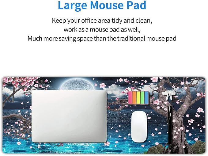 Pink Cherry Blossom Gaming Mouse Pad XL Sakura Tree Blue Ocean Moon Night Extended Big Large Desk Mat Non-Slip Rubber Base Stitched Edge Long Keyboard Mousepad for PC Computer Laptop,31.5×11.8 in