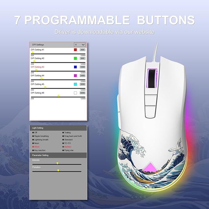 COSTOM Womier G705 USB Wired Gaming Mouse for PC Computer Windows Mac Laptop, Lightweight Silent RGB Backlit Mouse with Adjustable 12000DPI/7 Programmable Side Buttons,White Kanagawa Theme