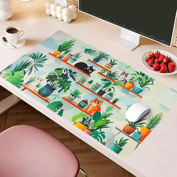 PERFECTSIGHT Cute Cat Desk Pad Kawaii Plant Kitty Desk Mat, Large Gaming Mouse Pad, Funny Deskmat Mousepad, Laptop Keyboard Pad Office Home Decor for Women Girls, Green
