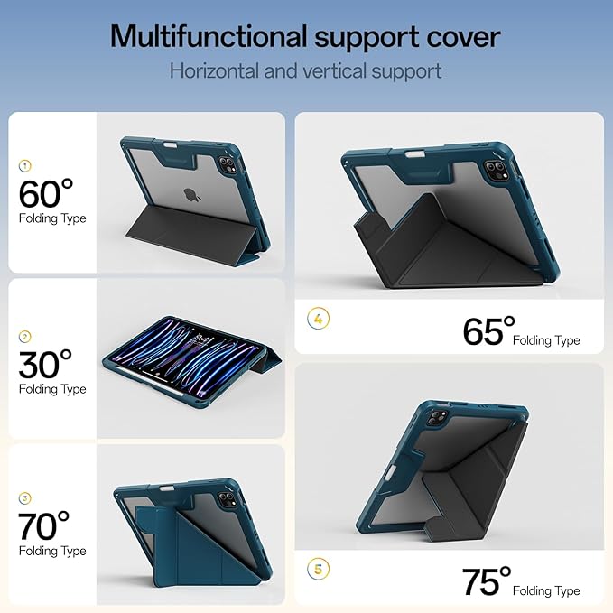 Case for iPad Pro 11 inch (4th/3rd/2nd Generation) 2022/2021/2020 with Clear Back, Multi-Angle Stand, Soft Silicone & Shockproof Tablet Protective Case (Blue)