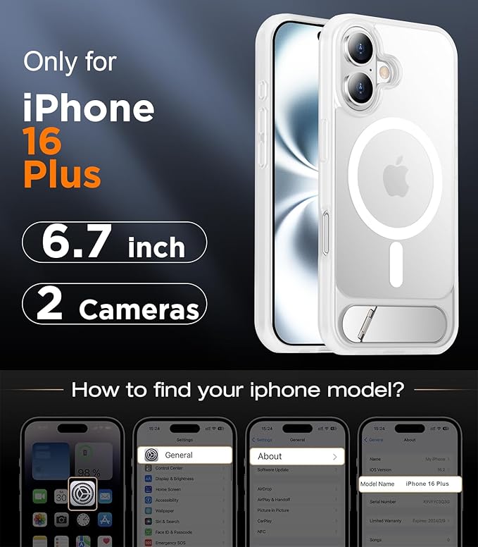 Magnetic Compatible with iPhone 16 Plus Case, [Built-in Invisible Kickstand][Compatible with MagSafe][Military Grade Shockproof] Slim Translucent Matte Phone Case for iPhone 16 Plus 6.7"