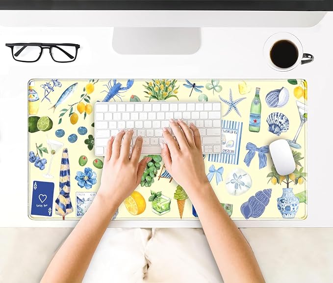 Cute Pastel Coastal Desk Mat with Vibrant Sea Life Beige Large Mouse Pad Cozy Aesthetic XXL Mouse Pad Anti-Slip Big Mousepad with Stitched Edges for Computer Desktop