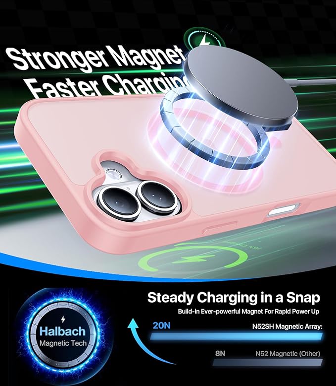 Magnetic for iPhone 16 Case, [Compatible with MagSafe][Military-Grade Drop Protection][Anti-Yellowing] Shockproof Protective Translucent Matte Cover for iPhone 16 Phone Case,Pink