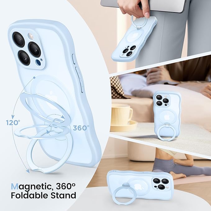 CAPRARO for iPhone 14 Pro Max Case with 360° Spin Magnetic Stand for Women, [Compatible with MagSafe] [Full Camera Protection] Cute Wave Translucent Matte Case for iPhone 14 Pro Max, Light Blue