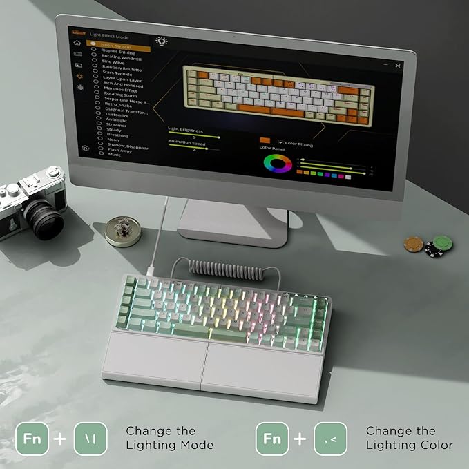 RK ROYAL KLUDGE RKS70 Ergonomic Split Keyboard, Wireless PC Gaming Keyboard with Bluetooth/2.4G/Wired, Hot Swappable Mechanical Keyboards w/Fixed Wrist Rest, PBT Keycaps, Linear Switches, White
