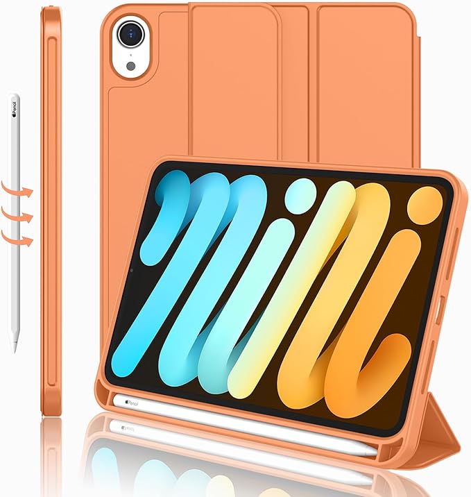 iMieet iPad mini 7 Case 2024 (A17 Pro), iPad mini 6 Case (8.3-Inch,2021 Model), iPad mini 7th/6th Generation Case with Pencil Holder, Trifold Stand Smart Case with Soft TPU Back,Orange