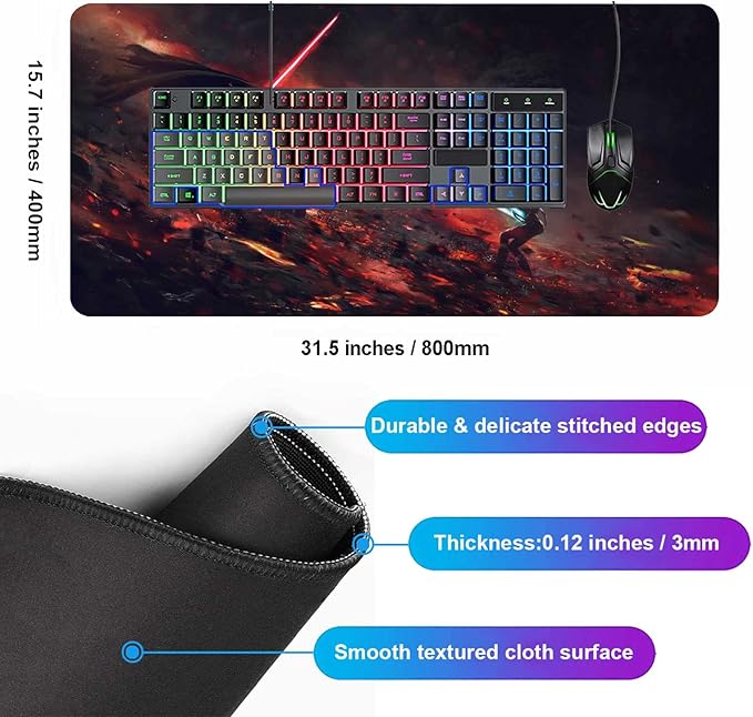 XXL Mouse Pad Ahsoka-Tano Vs Vader,Extra Large Gaming Mousepad Laptop Desk Mat,Non-Slip Rubber Base,Stitched Edges,Smooth Fabric,Computer Keyboard & Mice Combo Pads for Office Game 31.5x15.7