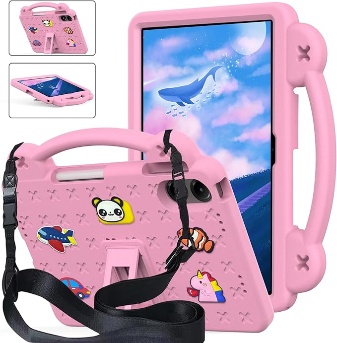 AKABEILA Compatible with Xiaomi Redmi Pad Pro 12.1 2024 Tablet Case, Kids Friendly Universal Lightweight Shockproof Protective Case with Shoulder Strap & Stand Handle & Pen Tray Pink