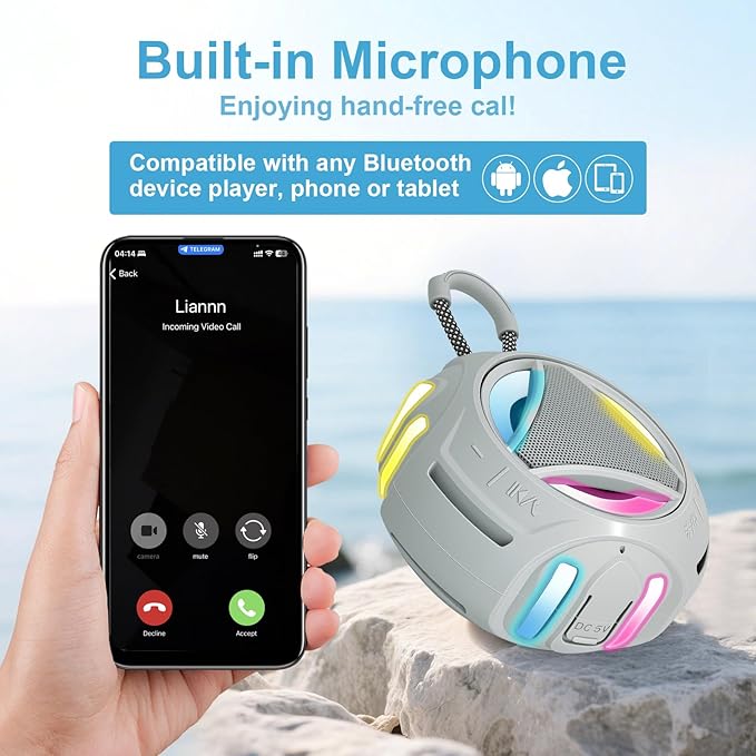 Portable Bluetooth Speaker, IPX7 Waterproof Shower Speaker, Wireless Outdoor Speakers, Floating, Built-in Mic, 24H Playtime with LED Lights, Loud HD Sound, Powerful Bass, Gifts for Unisex - Gray