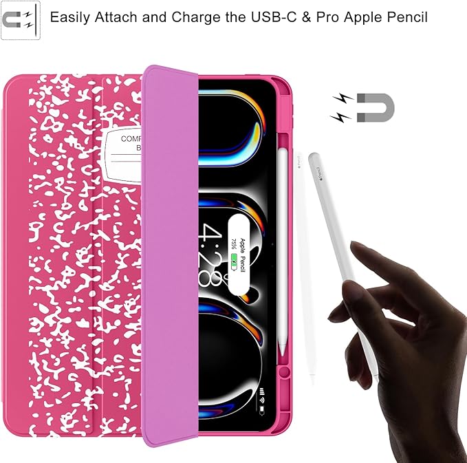 Soke Case for New iPad Pro 13 Inch (M5/M4, 2025/2024 Release), with Pencil Holder Trifold Stand Shockproof [Support Apple Pencil Charging + Auto Wake/Sleep], Soft TPU Back Cover, Book Hot Pink