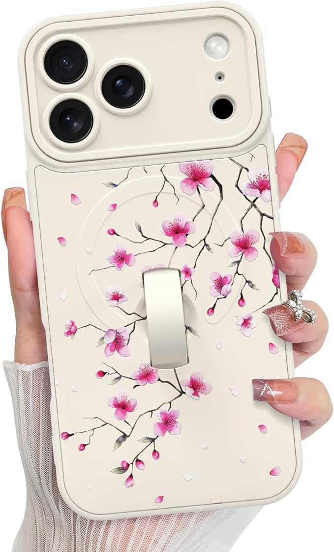 KANGHAR Compatible with iPhone 17 Pro Max Case, Magnetic Compatible with MagSafe, Cute Flower Floral Pattern Wristband Kickstand Full Camera Lens Shockproof Protective Case for Girls Women, White