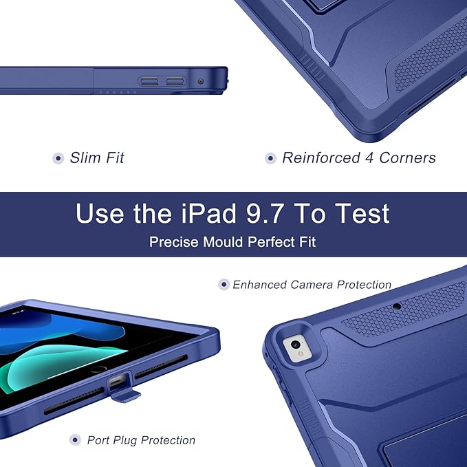 Soke Case for iPad 6th/5th Generation 9.7 Inch 2018/2017,with Built-in Screen Protector and Kickstand, Rugged Full-Body Heavy Duty Protective Cover for Apple iPad Air 2 /Pro 9.7 - Navy