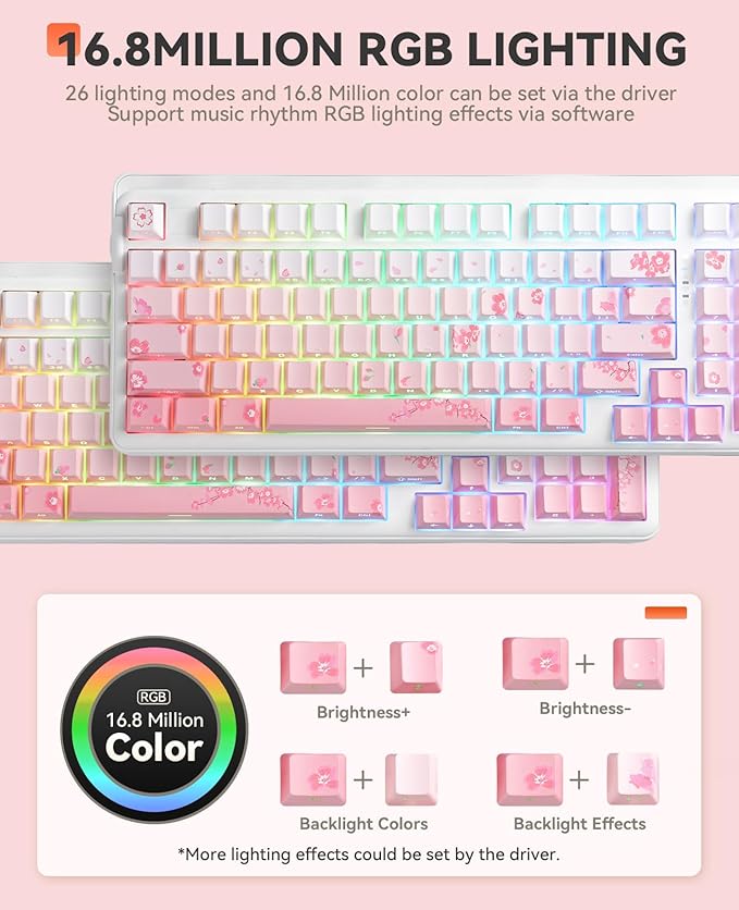 DAREU EK98pro Sakura Pink Wireless Mechanical Keyboard,Tri-Mode BT/2.4GHz/USB-C Creamy Gaming Keyboard with Number Pad,Gasket Structure,Hot Swappable Custom,RGB Backlit for Win/Mac