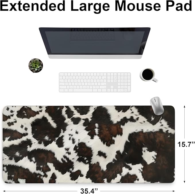 Highland Cow Print Gaming Mouse Pad, Large Mouse Pad Waterproof, Extended Desk Mousepad with Non-Slip Rubber Base Stitched Edge, Keyboard Mat for Desk Gaming Home Office, Black, 35.4" x 15.7"