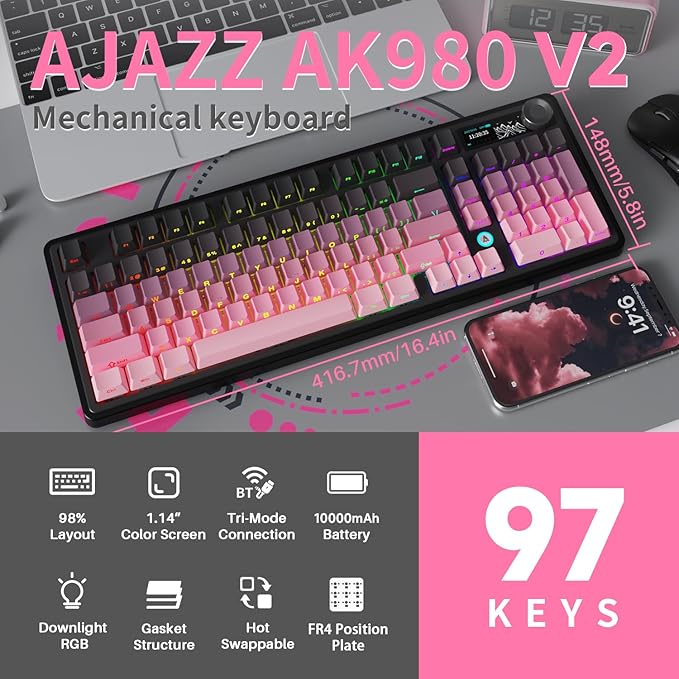 NACODEX Ajazz AK980 V2 Pink Gaming Machanical Keyboard Gift Switch Full Size RGB Gasket Mount 10000mAh Triple Modes Custom Keyboard with Five Layer Pad | Knob Control