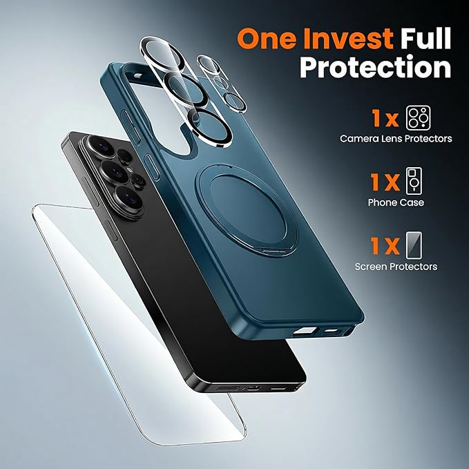 360°Ring Stand for Samsung Galaxy S26 Ultra Case with 1X Screen Protector +1X Camera Cover,Fit for MagSafe, Translucent Matte Cover & Scratch-Resistant Back Cover for Galaxy S26 Ultra 6.9", Blue
