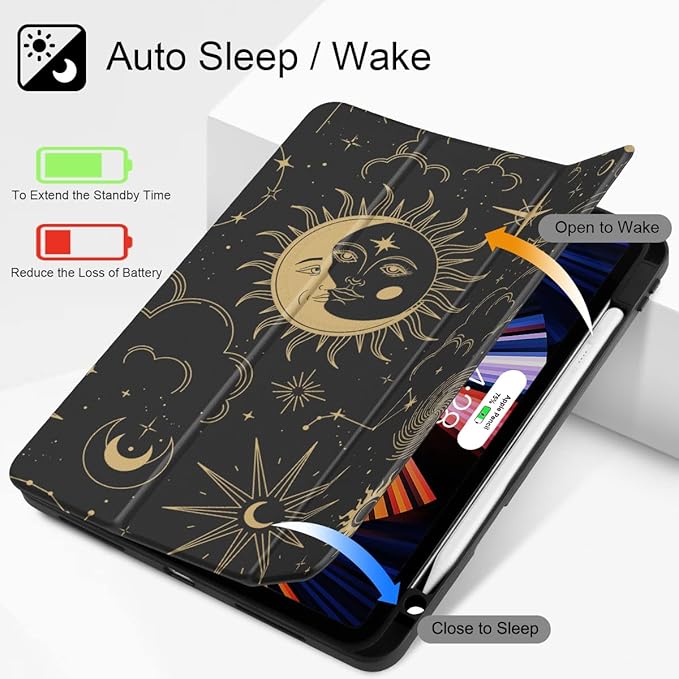 Tuiklol for iPad Pro 12.9 Inch 6th/5th/4th/3rd Generation 2022 2021 2020 2018 Case,Built-in Pencil Holder Clear Transparent Protective Back Shell Cover with Auto Sleep/Wake, Moon and Star