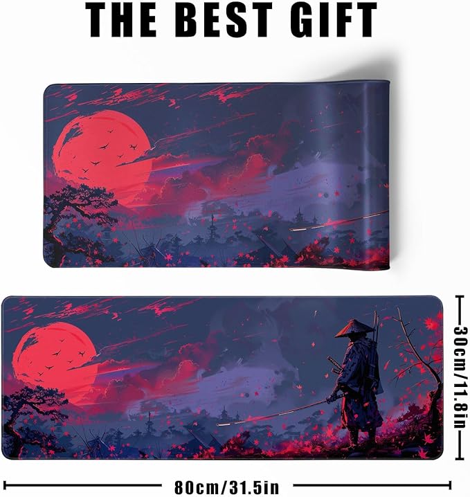 Japanese Gaming Samurai Red Large Gaming Mouse Pad Keyboard Desk Pad Extended Mouse Pad Gaming Office Decor, Pc Laptop Mouse Pads Large (31.5x11.8 in) with Stitched Eges Non-Slip Base Mousepad XL