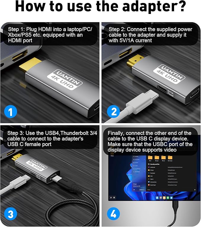 UANTIN HDMI to USB C Adapter (4K 60Hz) Uni-Directional HDMI (Source) to Type-C (Display) Male to Female Compatible with Laptop,PS5,XR/AR Glasses,Portable Monitor, Not Charging The Device