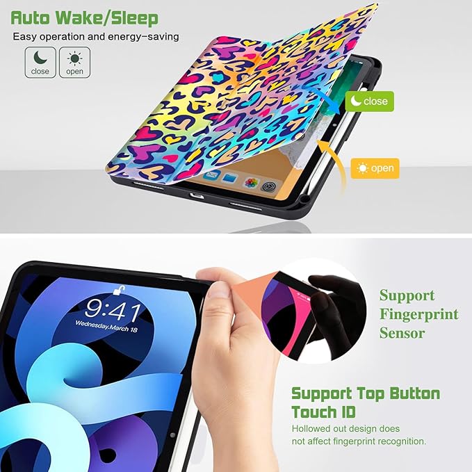 for iPad (A16) 11Th/10Th Generation Case 2025/2022, for iPad A16 Case 11Th/10Th Generation, 10Th/11Th Gen Slim Cover Pencil Holder & 4 Viewing Angles & Typing Stand, Colorful Love Leopard
