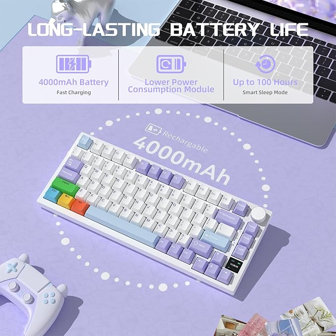 Attack Shark ajazz AK820 Pro 75% Mechanical Keyboard and Coiled Cable Hot Swappable Wireless 2.4GHz/Bluetooth/Wired TFT Screen & Knob Flying Fish Switch RGB Gasket Mount Custom Keyboard-Purple